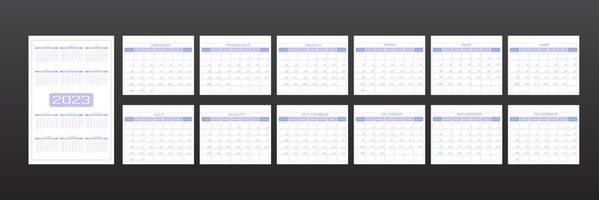 Calendário 2023 em um estilo moderno e minimalista urbano. conjunto de 12 meses modelo planejador diário delicado cor roxo lavanda luz. semana começa no domingo. vetor