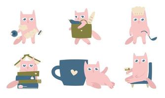 gato rosa em diferentes poses. personagem engraçado em estilo simples de doodle vetor