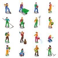 Conjunto de ícones isométrica de agricultores no trabalho vetor