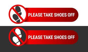 por favor, tire os sapatos da placa com a ilustração da silhueta das pegadas para obter o adesivo de etiqueta vermelha para impressão. sinal proibido vetor