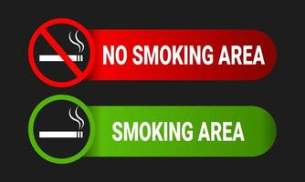 Ícone de sinal de área para fumantes e não fumantes com etiqueta para impressão de cor verde e vermelha em fundo preto e branco. ilustração vetorial vetor