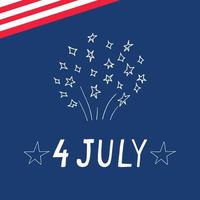 4 de julho, letras e modelo de cartão postal de fogos de artifício, banner. estilo de doodle desenhado de mão. minimalismo. vermelho branco azul. feriado, dia da independência nos vetor