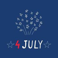 4 de julho letras e modelo de cartão postal de fogos de artifício, banner. estilo de doodle desenhado de mão. minimalismo. vermelho branco azul. feriado, dia da independência nos vetor