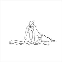 arte linha jovem surfando no mar ilustração vetorial desenhada à mão isolado no fundo branco vetor