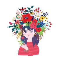 ilustração de uma garota de primavera em uma coroa de flores. vetor. ilustração para banner, cartão de felicitações. foto para 8 de março e dia das mães. estilo dos desenhos animados. a imagem do verão e da primavera. imagem de verão. vetor