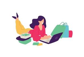 ilustração de uma menina com compras. vetor. ilustração plana positiva no estilo cartoon. descontos e vendas. compras compulsivas. Vendas online. comprador de mercadorias. vetor