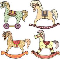 conjunto festivo de brinquedos fofos infantis desenhados, uma variedade de cavalos de balanço. rabiscos para um postal infantil, clip-art. vetor