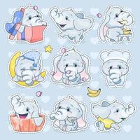 elefantes fofos conjunto de personagens de desenhos animados do kawaii. adorável e engraçado animais diferentes poses e emoções isoladas adesivo, patch. Emoji de elefante menino anime em fundo azul vetor