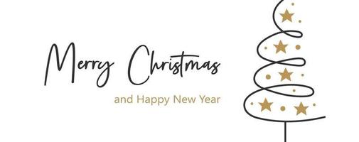 Feliz Natal e Feliz Ano Novo cartão modelo de banner férias de inverno vetor linha arte doodle árvore de Natal com letras design elegante