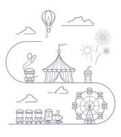 panorama de um parque de diversões com uma roda gigante, circo, passeios, balão, castelo inflável. paisagem do parque urbano. esboço ilustração vetorial vetor