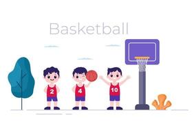 desenhos animados de crianças felizes jogando basquete design plano ilustração usando uniforme de cesta na quadra ao ar livre para plano de fundo, pôster ou banner vetor