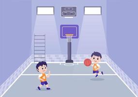 desenhos animados de crianças felizes jogando basquete design plano ilustração usando uniforme de cesta na quadra ao ar livre para plano de fundo, pôster ou banner vetor