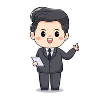 ilustração de um empresário apontando a mão com um terno formal bonito kawaii chibi design de personagens vetor