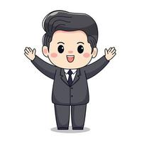 ilustração de um empresário levanta as mãos com um terno formal bonito kawaii chibi design de personagens vetor