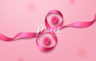 8 de março projeto do fundo do vetor. texto de saudação do dia da mulher com 8 de março em fita rosa e elementos de flor de camélia para a celebração internacional da mulher. ilustração vetorial. vetor