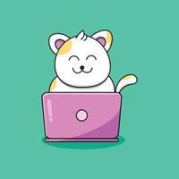 Ilustração em vetor gato amarelo-branco fofo na frente do computador laptop