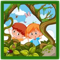 duas crianças na foto da floresta em uma moldura isolada vetor