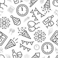 padrão de fundo preto e branco de ícones de festa de ano novo com ícones cinza menores. vetor