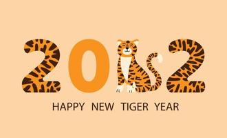 cartão de feliz ano novo chinês 2022 ou banner com cara engraçada de tigre de desenho animado e dígitos de ano listrado. ilustração vetorial desenhada à mão plana vetor