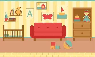 interior moderno de um quarto infantil com mobília. projeto de um ambiente aconchegante com sofá, guarda-roupa, berço, brinquedos, quadros e acessórios de decoração. ilustração em vetor estilo simples.