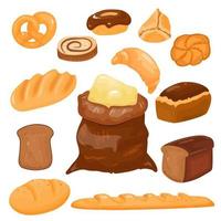 pão e bolos dos desenhos animados. produtos de confeitaria de trigo, pão de centeio. baguete, pretzel e ciabatta, croissant e bolinho, conjunto de vetores. vetor