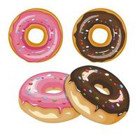 conjunto de donuts coloridos dos desenhos animados, isolado no fundo branco. coleção de donuts de vista superior em esmalte para design de menu, decoração de café, caixa de entrega. vetor