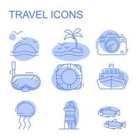 ícones de linha com elementos de design plano de viagens aéreas para férias em resort, planejamento de turismo, descanso recreativo, viagem de férias para atividades de lazer. conceito de coleção moderno infográfico vetor logotipo pictograma.