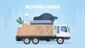 movendo banner para casa. mudar para um novo lugar. caminhão branco, caixas, sofá, planta interna, lâmpada. isolado. vetor. vetor