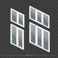 conjunto de janelas de metal-plástico brancas com vidros transparentes em 3d. janela moderna em um estilo realista. isometria, ilustração vetorial.