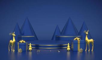 redondo azul e pódio do cubo. cena de Natal e plataforma 3d com veados de ouro, bolas e árvores de pinha sobre fundo azul. conceito de pedestal em branco. design de Publicidade. show e modelo de venda. vetor. vetor