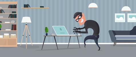 ladrão na casa. um ladrão rouba dados de um laptop. conceito de segurança. ladrão rouba um apartamento. roubo em casa. ilustração em vetor estilo simples.