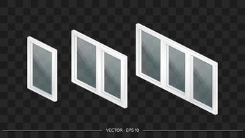 conjunto de janelas de metal-plástico brancas com vidros transparentes em 3d. janela moderna em um estilo realista. isometria, ilustração vetorial. vetor