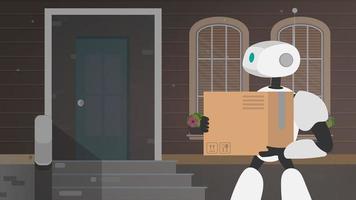 banner de entrega em domicílio. o robô está segurando uma grande caixa. entrega do futuro. o conceito de entrega de mercadorias, encomendas e mercadorias em casa. vetor. vetor