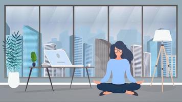 a garota está meditando no escritório. a garota pratica ioga. sala, escritório, lâmpada de assoalho, crescimento de sala, mesa com laptop, local de trabalho. ilustração vetorial vetor