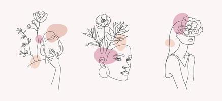 conjunto de vetores de rostos de mulheres, ilustrações de arte de linha de corpos, logotipos com flores e folhas, conceito de natureza feminina. use para impressões, tatuagens, pôsteres, têxteis, logotipos, cartões, etc. mulheres bonitas