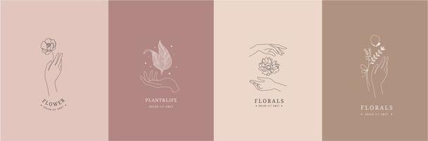 conjunto de vetores de coleção de gestos de mãos femininas de ilustrações de estilo de mão desenhada de arte de linha. mãos segurando flores, plantas. logotipos florais, ícones de linha, branding.