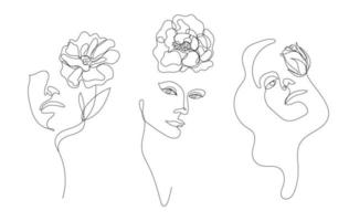 vetor arte linear desenhada à mão, rosto de mulher com flor, linha contínua, conceito de moda, beleza feminina minimalista. impressão, ilustração para camiseta, design, logotipo para cosméticos, etc.