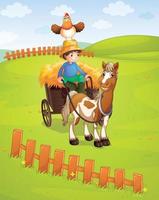 um menino andando de carroça com uma galinha na campina vetor
