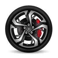 estilo de pneu de carro de roda de alumínio de corrida freio disco cinza preto em vetor de fundo branco