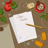 lista de desejos para o papai noel. carta com envelope na mesa, decorações de natal, xícara de café, luvas, fitas de embalagem, bolas de natal, flocos de neve vetor