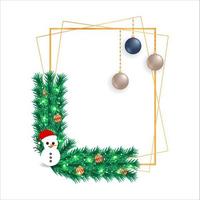 moldura de Natal com folhas verdes em um fundo branco. quadro de natal com um boneco de neve e bolas vermelhas. bola vermelha de natal, moldura de natal, folhas verdes, flocos de neve, bagas vermelhas, boneco de neve, olhos fofos, luzes estreladas vetor