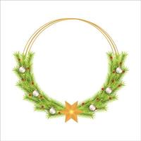 moldura de Natal com folhas verdes de pinho e bola branca de decoração. quadro de Natal com bagas vermelhas. bola branca de natal, moldura de natal, moldura redonda, folhas verdes de pinheiro, flocos de neve, estrela dourada, bagas de azevinho. vetor