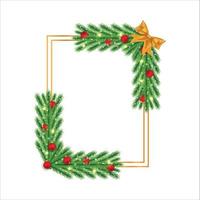 moldura de Natal com folhas de pinheiro, flocos de neve, bola vermelha de decoração. quadro de Natal em fundo branco. elemento de decoração de feliz Natal com uma fita dourada e bolas vermelhas. elementos de natal. vetor