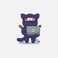 gato ninja fofo carregando um laptop vetor