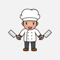Chef fofo com avental carregando facas de açougueiro vetor