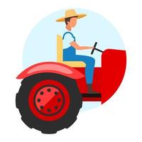 ícone de conceito plana de driver de trator. etiqueta de maquinaria agrícola, clipart. veículo de cultivo, plantio, colheita. agricultor, trabalhador agrícola dirigindo mini trator. ilustração isolada dos desenhos animados no branco vetor