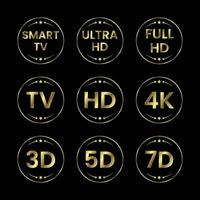 conjunto de ícones de tv dourado. etiquetas de tv tv hd 3d 5d 7d smart tv full hd 4k ultra hd