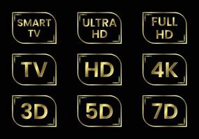 conjunto de ícones de tv dourado. etiquetas de tv tv hd 3d 5d 7d smart tv full hd 4k ultra hd vetor