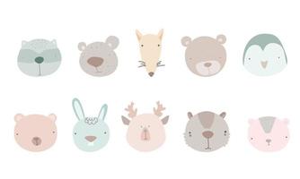 conjunto de cabeças de animais fofos. zoológico dos desenhos animados. coleção de personagens de animais fofos em estilo cartoon. pinguim, raposa, urso, guaxinim, lebre, veado. vetor.