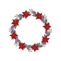 moldura redonda de Natal de ramos, flor de amendoim vermelha, folha de azevinho prateado e decoração de bagas. decoração festiva para feriados de ano novo e inverno. ilustração plana do vetor